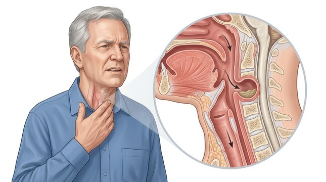 Elderly man experiencing throat pain with detailed illustration of esophageal diverticulum