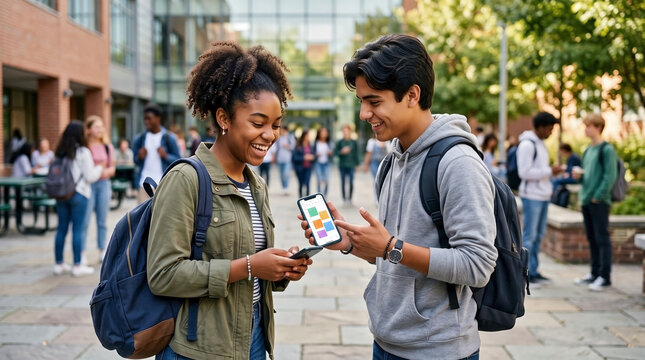 Two diverse teenage students comparing school schedules on a smartphone. Happy high school friends on campus before the new school year