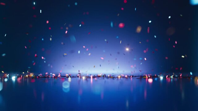 Small bits of colorful paper fall slowly through a blue space. The reflective floor creates a double image of the falling confetti. 3D render motion.