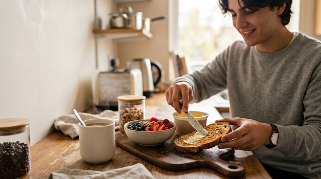 Young male university student preparing breakfast in a compact dorm kitchen. Happy man spreading butter on toast next to coffee and fresh fruit. Healthy morning routine concept