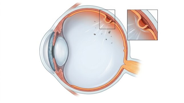Close-up illustration of a retinal tear with vitreous floaters inside the eye