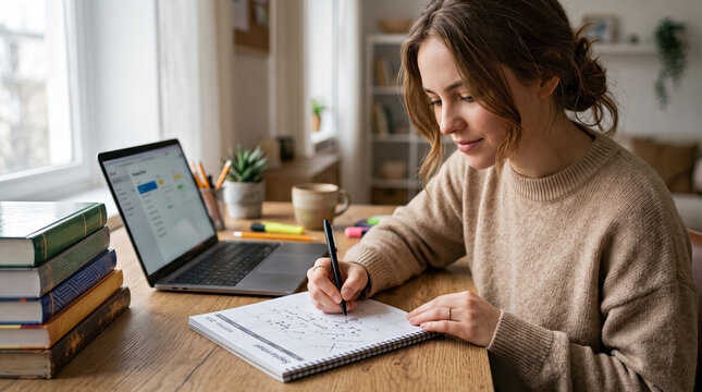 Young female university student planning her semester on a paper calendar. Woman writing schedule at a desk with laptop and stacked textbooks. Time management and education concept