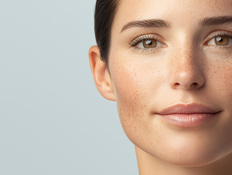 Close-up portrait of a woman's face with natural freckles and clear skin