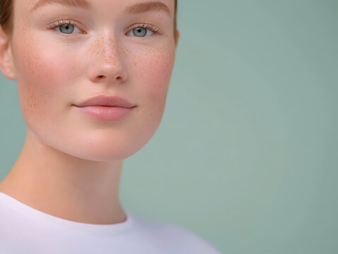 Close-up portrait of a young woman with natural freckles and clear skin