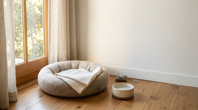 Cozy pet bed with a blanket, water bowl, and toy mouse on a wooden floor