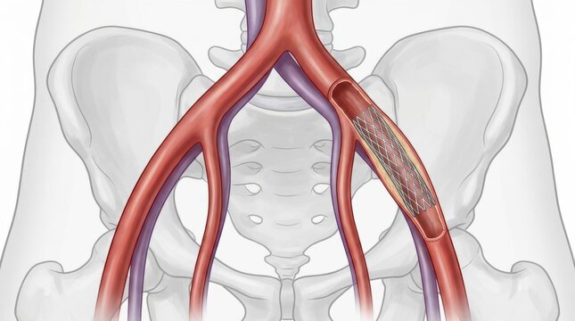 Medical illustration of a stent placed in the iliac artery for treatment