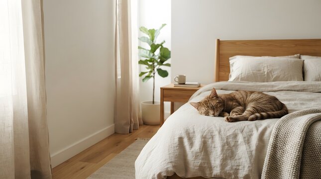 A cute tabby cat sleeping peacefully on a comfortable bed with neutral linen bedding in a bright bedroom