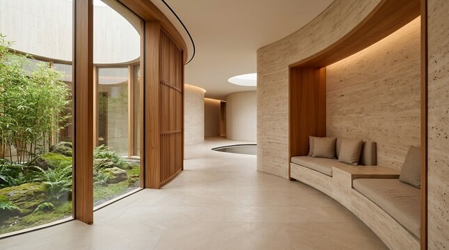 Modern minimalist luxury interior hallway with curved travertine wall built in bench seating and indoor zen garden courtyard