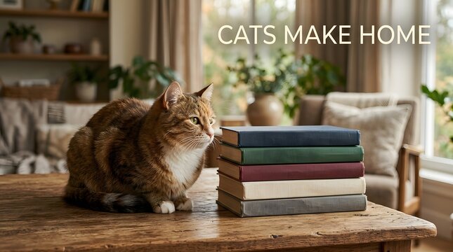 A brown tabby cat sitting on a rustic wooden table next to a stack of colorful vintage books