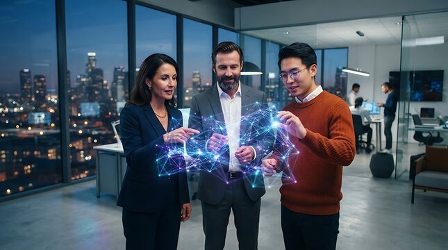 Diverse team collaborating with futuristic holographic AI interface in modern office space