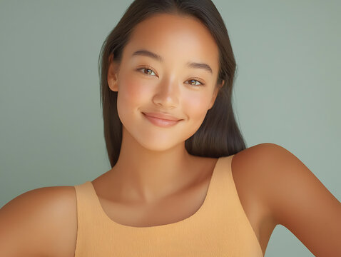 Beautiful young Asian woman with natural glowing skin and a gentle smile