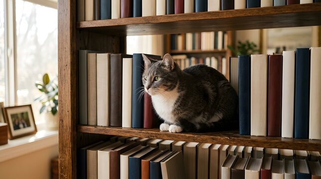 A grey and white cat sitting on a wooden bookshelf surrounded by rows of hardcover books