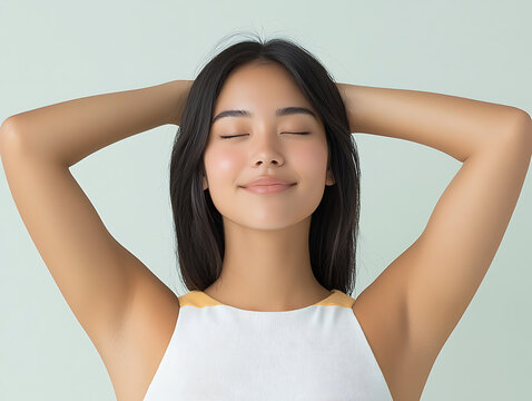 Serene Asian woman with eyes closed, resting her head on her arms
