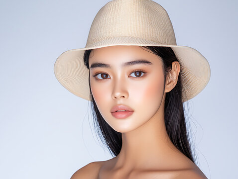 Natural beauty portrait of a young Thai woman wearing a straw hat