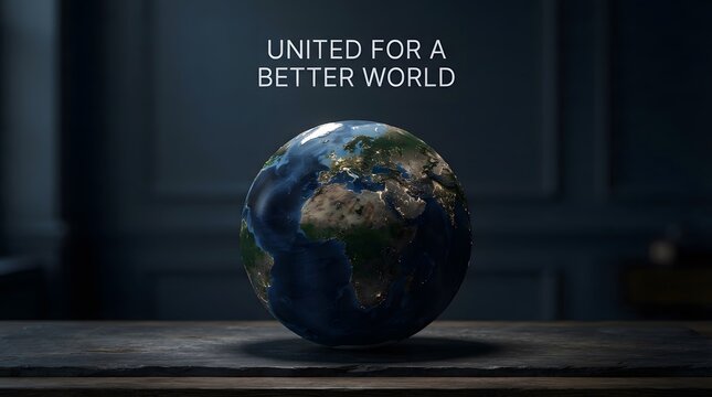 A glowing model of the earth at night placed on a dark wooden table in a dimly lit room