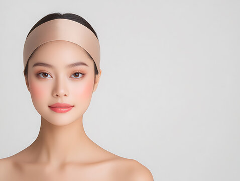Beautiful Thai woman with flawless skin and natural makeup, ready for skincare routine