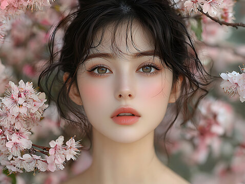 Beautiful Korean woman with delicate makeup surrounded by blooming cherry blossoms