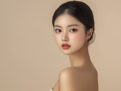 Elegant Korean woman with flawless skin and soft makeup, looking over shoulder