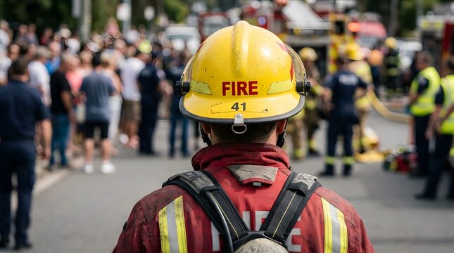 Rear view of a firefighter in uniform and yellow helmet standing at a scene with a crowd and emergency vehicles
