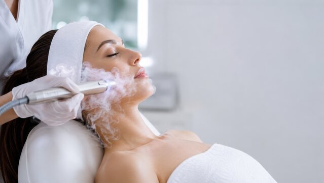 Woman receiving facial treatment with high frequency machine at skincare clinic for healthy skin