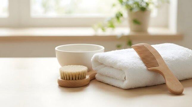 Spa and wellness concept with a white towel, wooden comb, and massage brush on a light wooden surface
