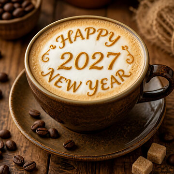 Happy New Year 2027 Coffee Cup with Festive Greeting on Wooden Table

Keywords (49):