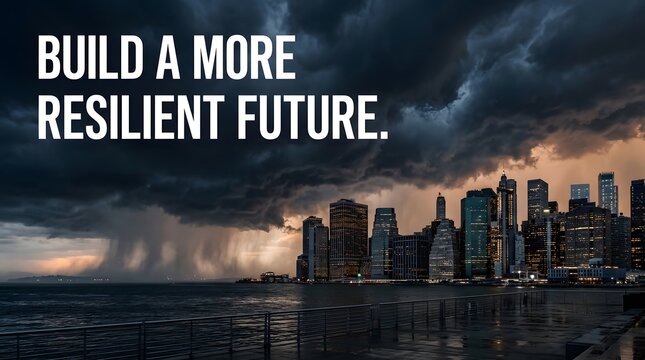 City skyline under a dramatic stormy sky with heavy rain clouds
