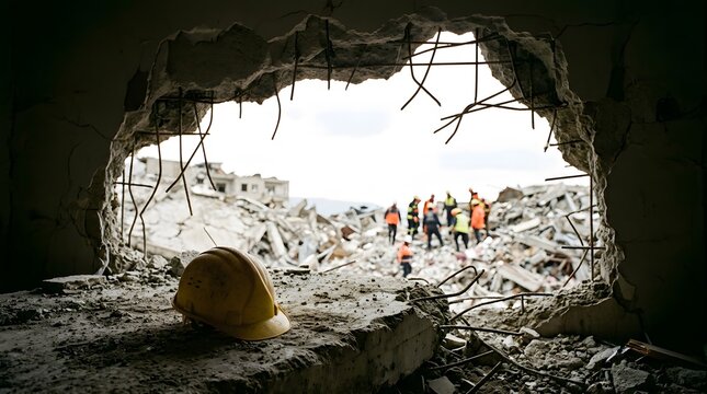 Yellow hard hat on concrete rubble overlooking a disaster zone with rescue workers