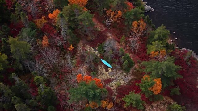 Aerial view of autumn forest near Halifax with lake and canoe