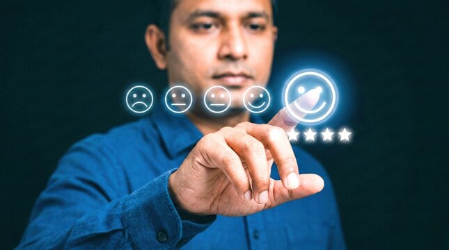 Man selecting positive customer feedback on a digital screen with glowing icons.