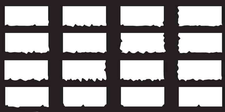 Set of twelve white rectangular frames with realistic torn and jagged paper edges arranged in a clean 3x4 grid on a solid black background. Perfect for mockups, photo frames, text placeholders, or cre