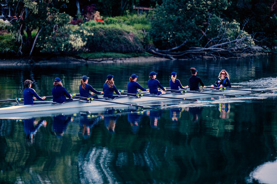 A white women's rowing team practicing together on calm water
