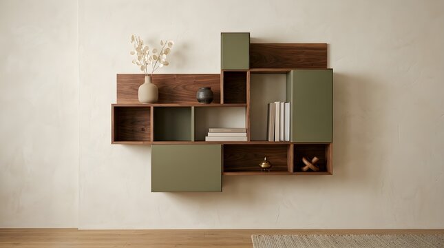 A modern modular wall shelving unit combining natural wood and olive green cabinets with books and decorative objects.
