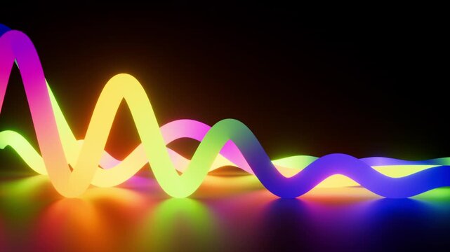looping 3d animation. Fluorescent multicolored gradient ribbons, glowing in the dark and reflected in a mirrored floor. Retro futuristic sound equalizer. Abstract motion design of sliding neon lines