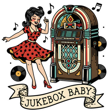 A nostalgic party atmosphere comes alive as a vintage rockabilly pinup girl ready to dance to retro music by a jukebox baby tattoo on a transparent background uses classic old school style
