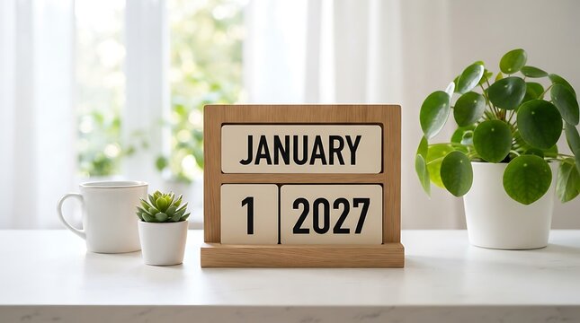 Modern wooden calendar block displaying January 1st 2027 for new year planning and branding