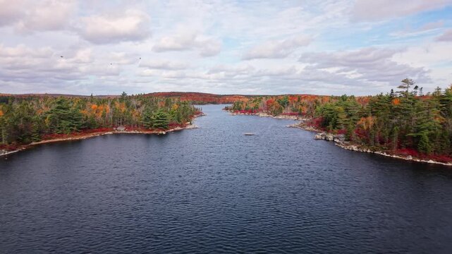 Aerial view of autumn forest and lake near Halifax Nova Scotia