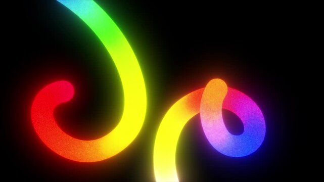 Neon line animation forming a squiggly shape. 3D render of a dynamic gradient line with a vintage film grain overlay.