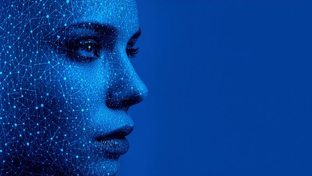 Close up of a woman's face with a digital overlay of interconnected lines and nodes, set against a solid blue background, showcasing high fashion photography elements