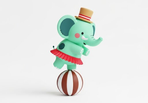 Cute 3D Cartoon Elephant Balancing on a Striped Ball Wearing a Top Hat and Red Tutu Isolated on White Background