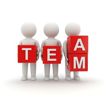 Teamwork illustrated by three figures holding letters t, e, and am