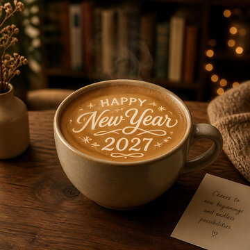 Happy New Year 2027 Coffee Cup with Festive Greeting on Wooden Table

Keywords (49):
