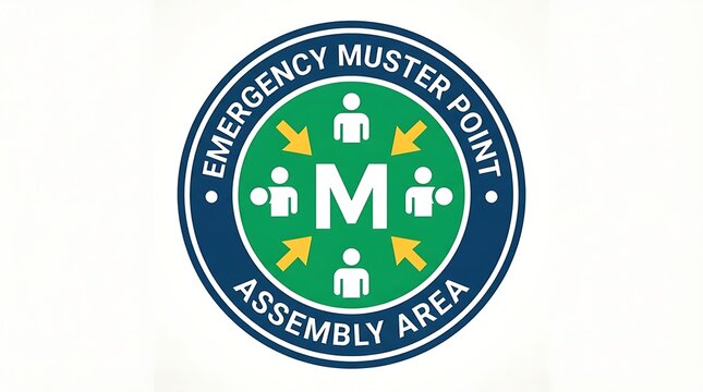 Circular green emergency muster point assembly area sign with people icons and arrows indicating a safe location