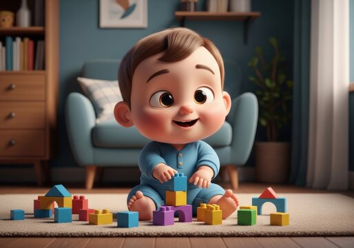 Adorable 3D Cartoon Baby Playing with Colorful Building Blocks