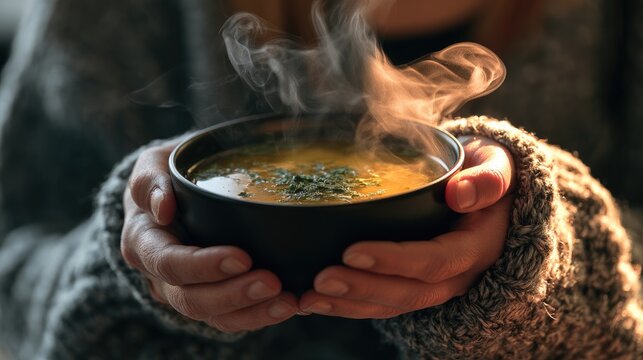 Person Holding a Steaming Hot Bowl of Soup in Winter.