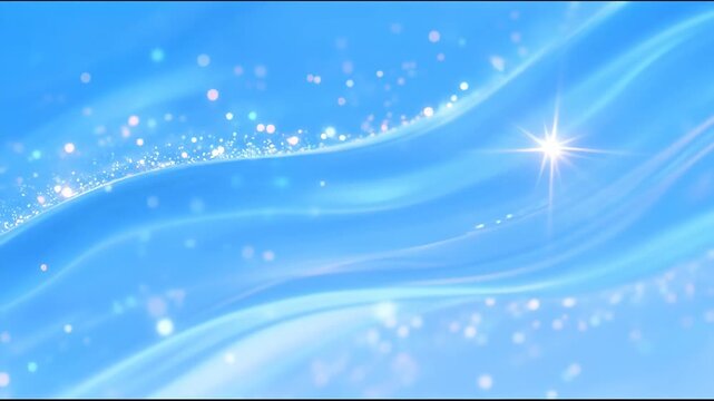 Abstract shimmering blue waves with glittering light particles, creating a serene and magical celestial background