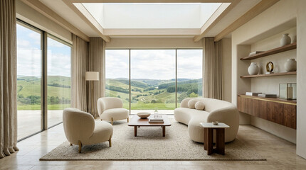 Fototapeta premium Modern living room with panoramic valley view, plush furniture, skylight, natural light