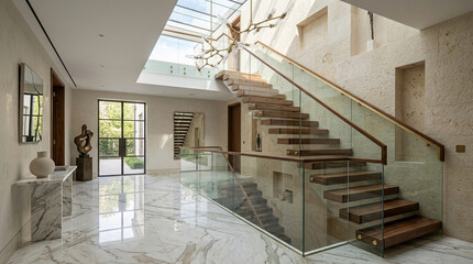 Fototapeta premium Modern luxury staircase with glass railing and skylight in elegant foyer