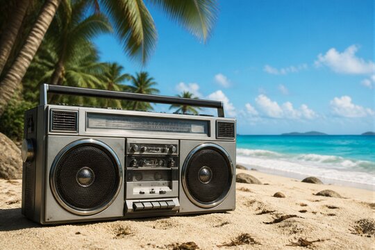 Retro boombox sitting on sand at tropical beach with palms