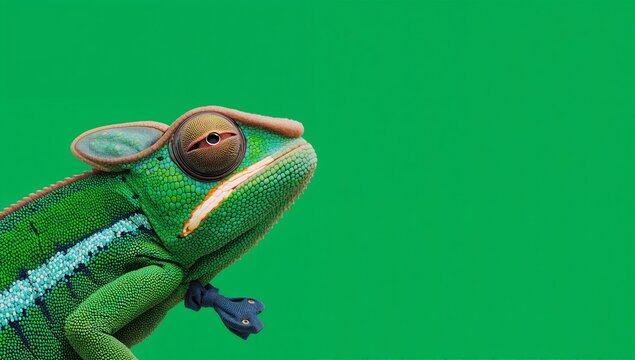 Close up of a chameleon's head wearing a small bow tie, showcasing its vibrant green skin and unique eye rotation against a solid green background